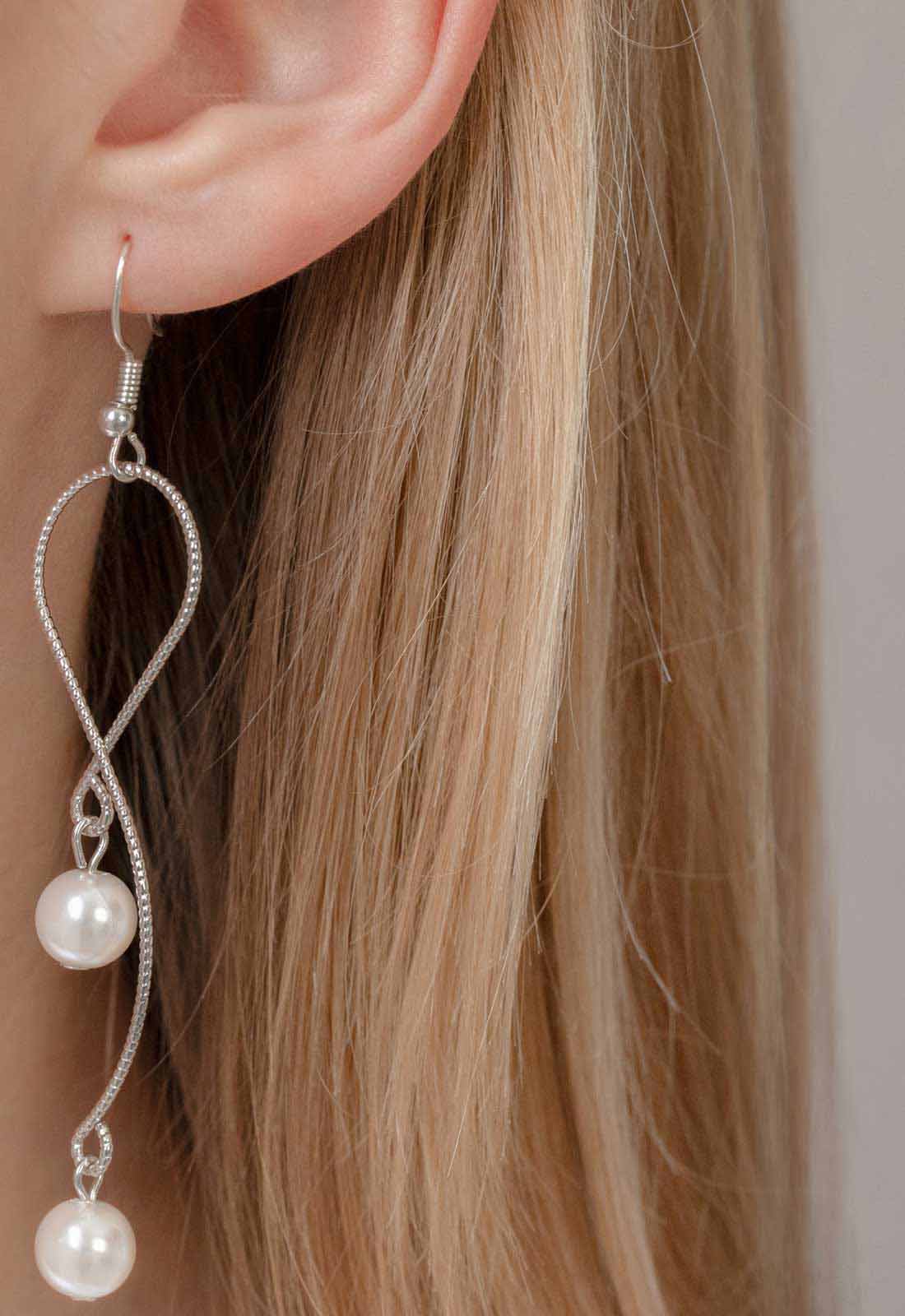 Always Chic Silver Pearl Snake Chain Earrings - Image 2