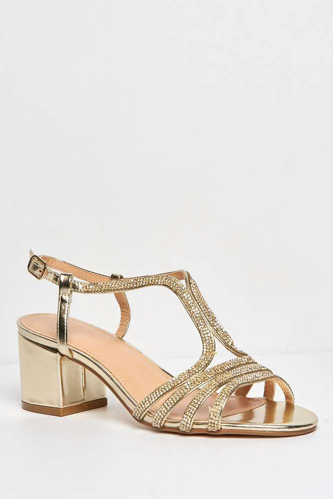 Miss Diva Gold Amanda 3 Diamante Strap T-bar Block Heel Sandal - Image 4
