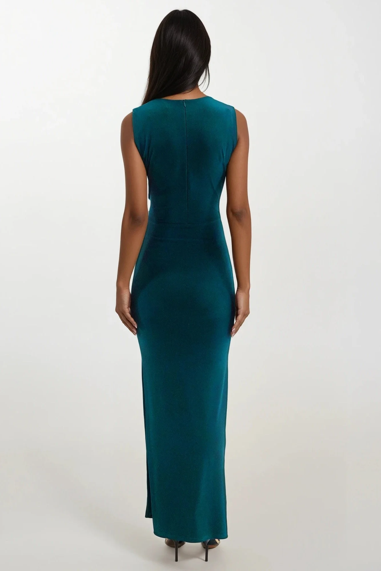 AMOR GREEN V FRONT EVENING WEAR MAXI DRESS WITH SIDE SPLIT AND FRONT SASH - Image 3
