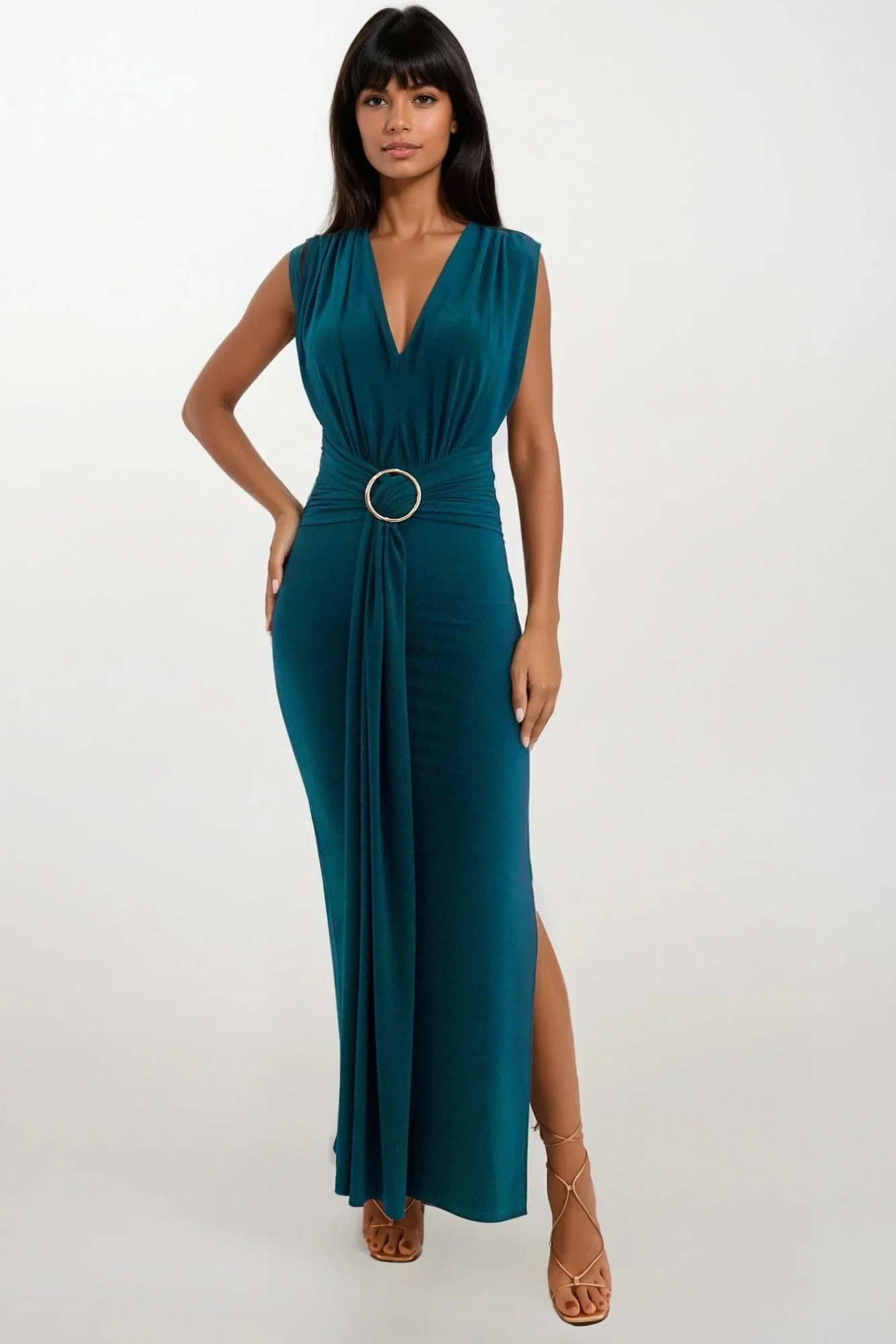 AMOR GREEN V FRONT EVENING WEAR MAXI DRESS WITH SIDE SPLIT AND FRONT SASH - Image 5
