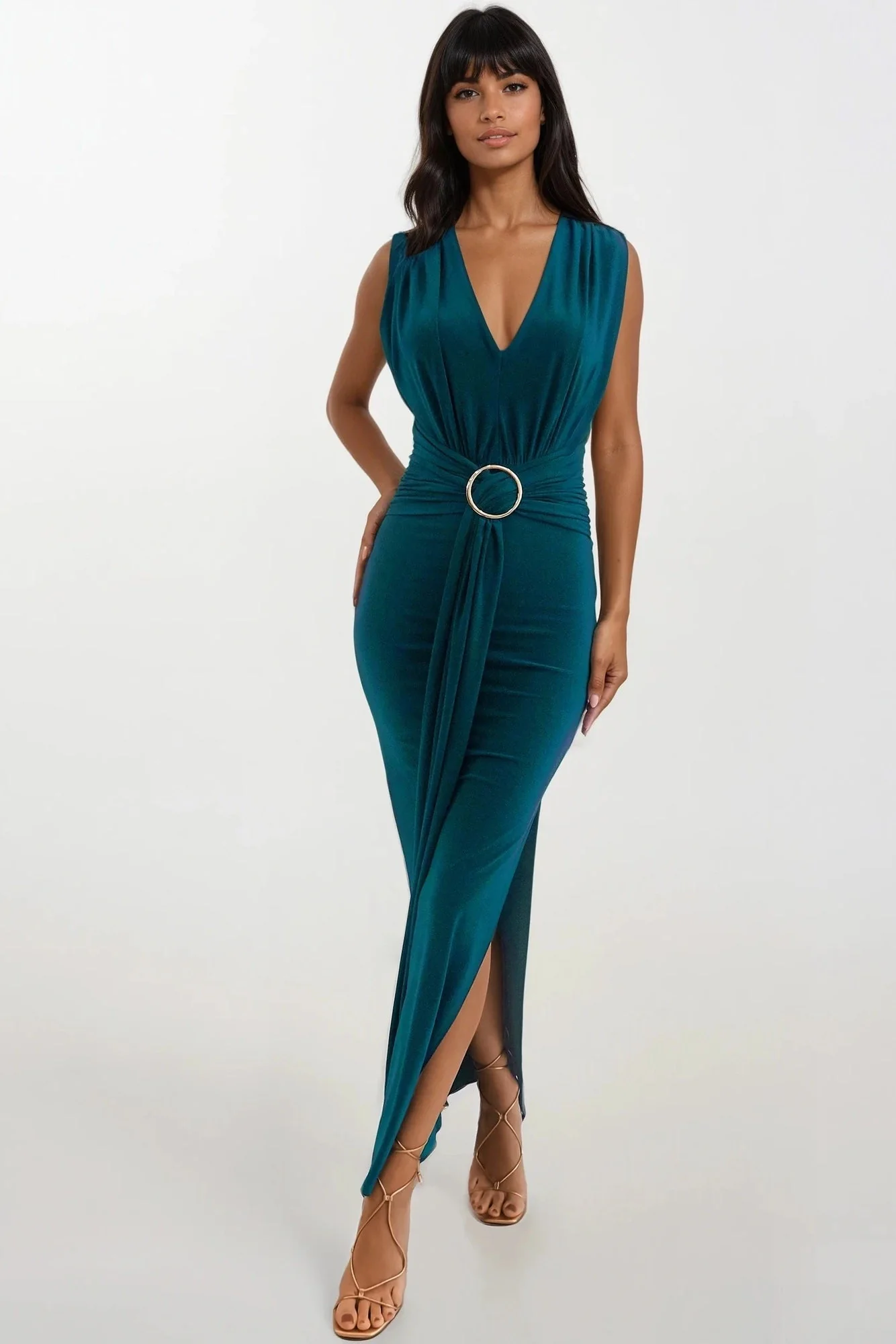 AMOR GREEN V FRONT EVENING WEAR MAXI DRESS WITH SIDE SPLIT AND FRONT SASH - Image 6