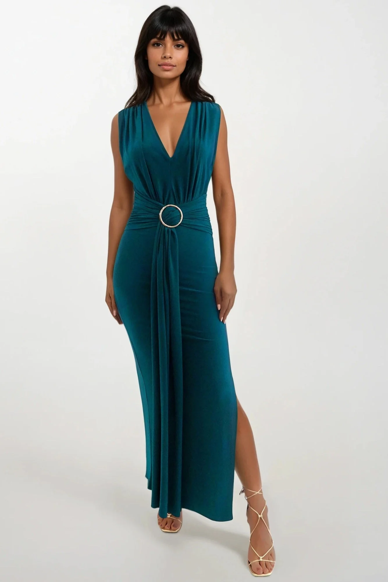 AMOR GREEN V FRONT EVENING WEAR MAXI DRESS WITH SIDE SPLIT AND FRONT SASH - Image 7