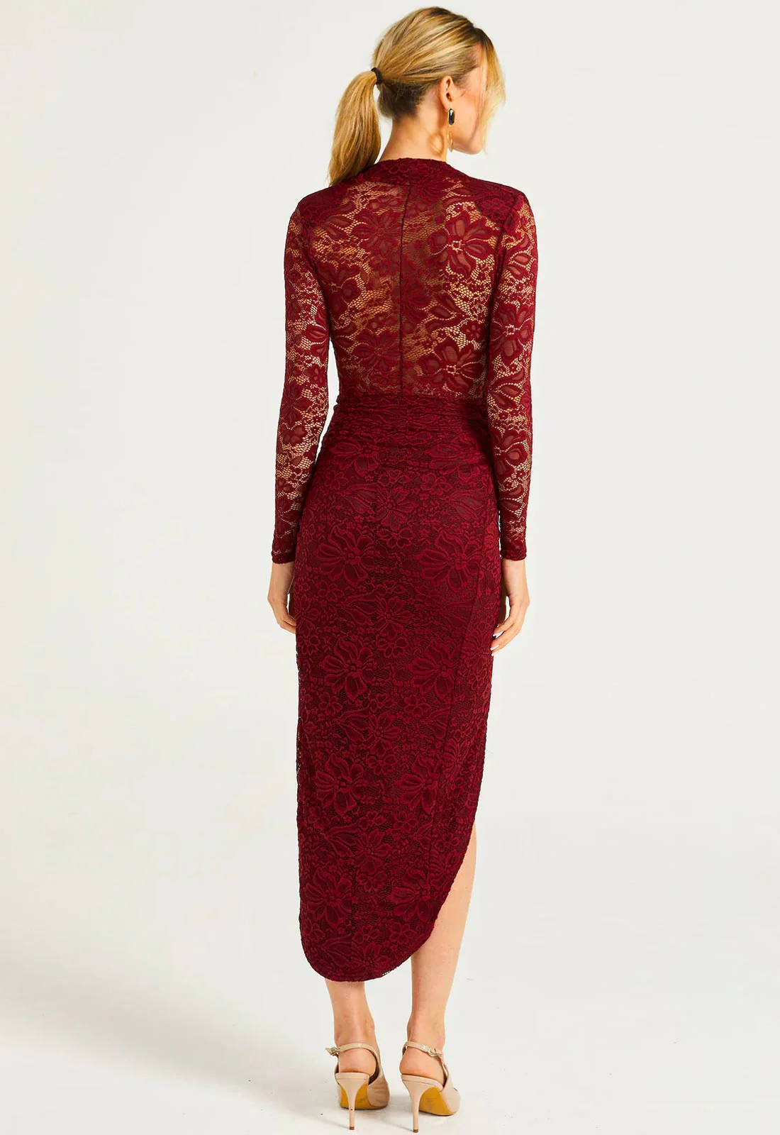 ANGELEYE Burgundy Lace Sheer Back Wrap Dress - Image 4