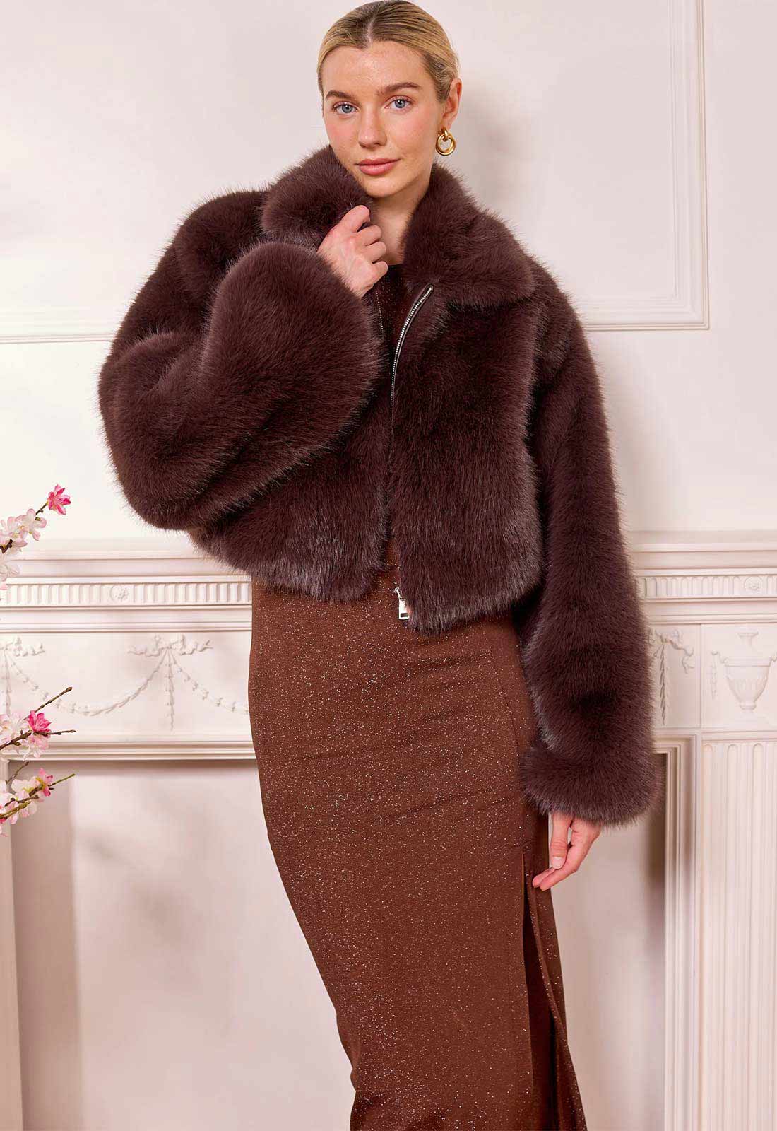 AngelEye Short Faux Fur Coat with Zip in Plum - Image 3