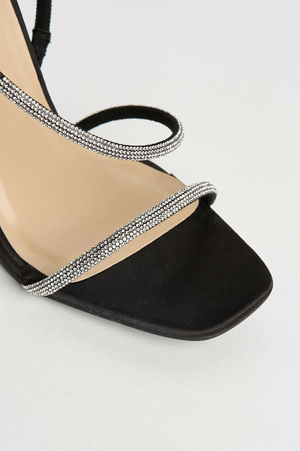 Astera Diamante Embellished Stiletto Heeled Sandals in Black Satin - Image 6
