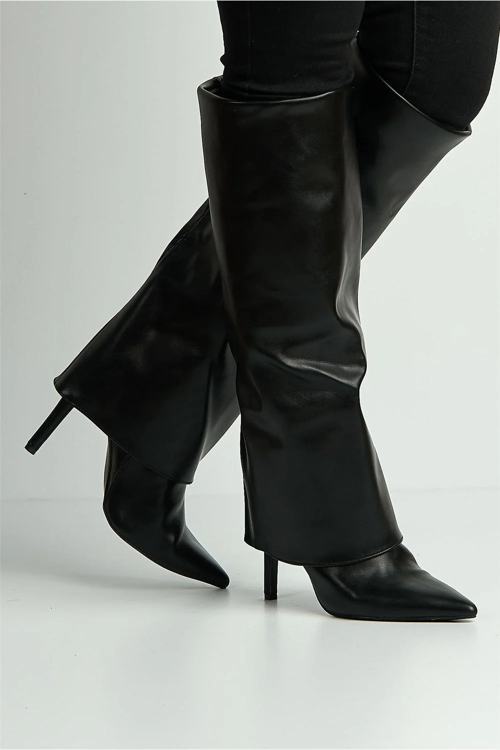 Beckett Pointed Toe Fold Over Stiletto Knee High Boots in Black - Image 2