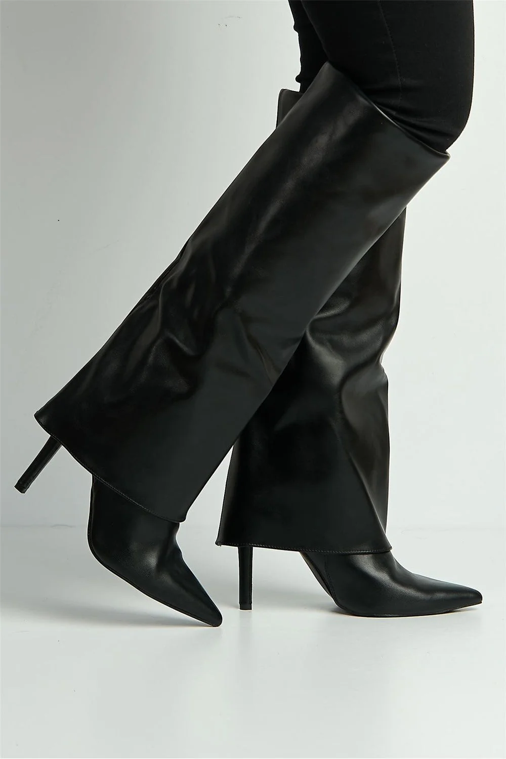 Beckett Pointed Toe Fold Over Stiletto Knee High Boots in Black - Image 3