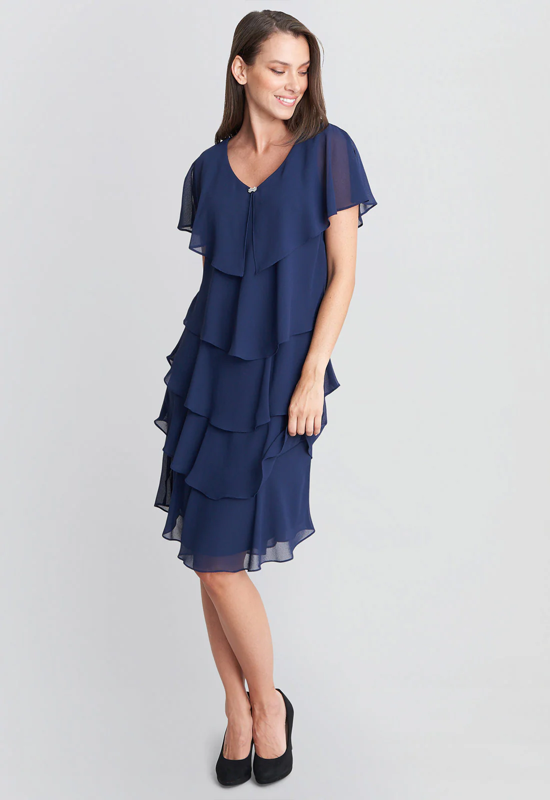 Gina Bacconi Navy Bella Georgette Tiered Dress - Image 4