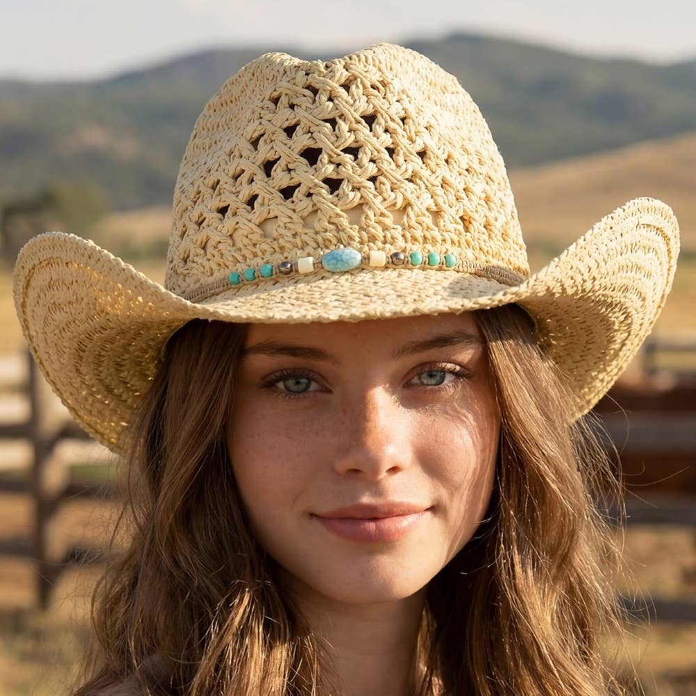 Braided Beads Straw Cowboy Hat: KA - Image 2