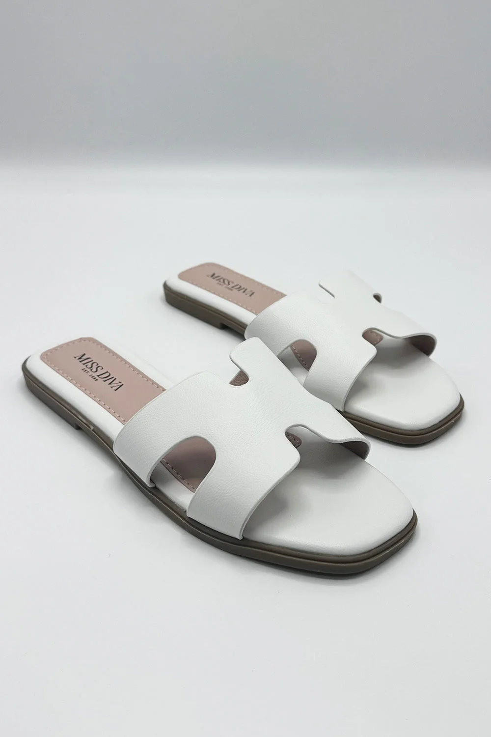 California Faux Leather Cut Out Open Toe Flat Slider In White - Image 4