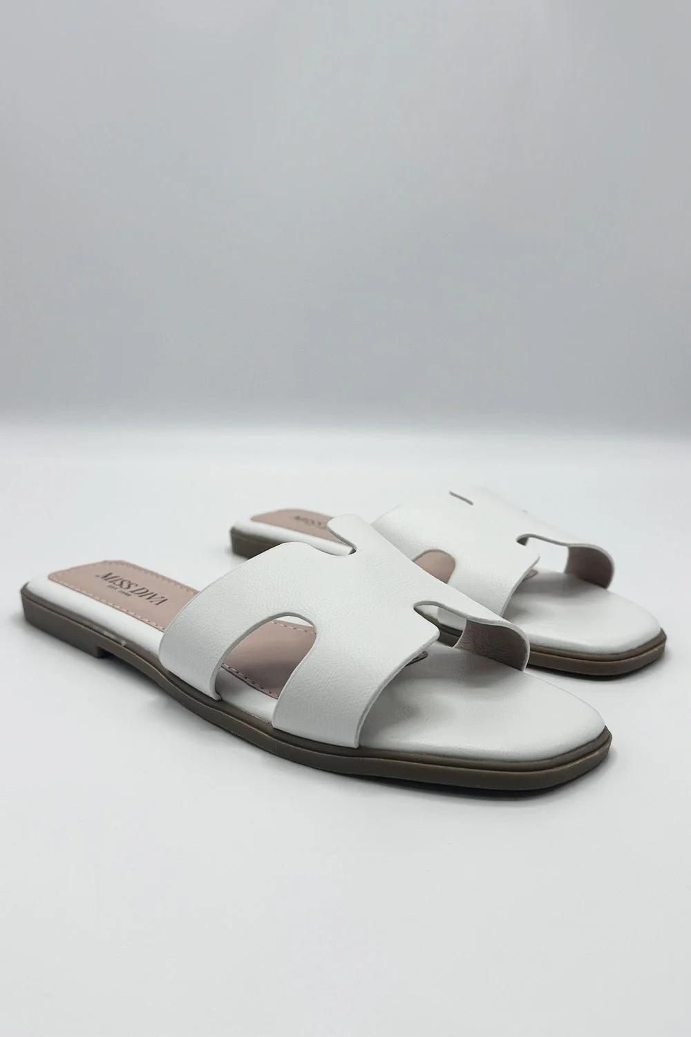 California Faux Leather Cut Out Open Toe Flat Slider In White - Image 5