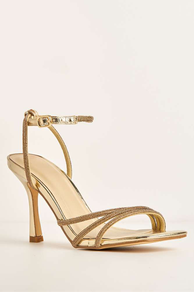 Miss Diva Gold Camina Diamante Embellished 3 Strap Heels - Image 6