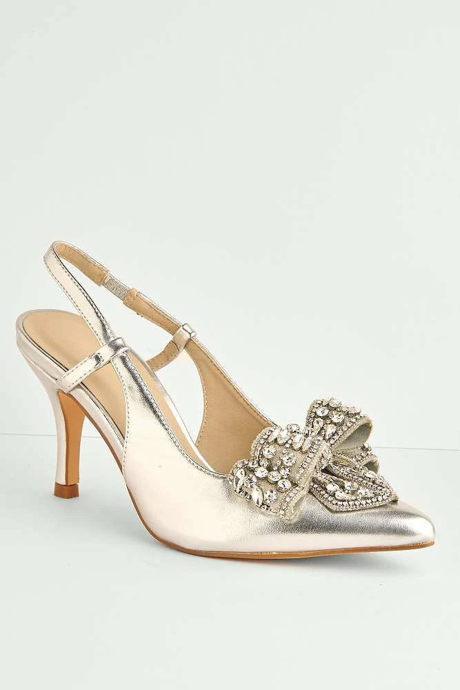 Celia Diamante Bow Pointed Toe Slingback Court Shoes in Silver - Image 4