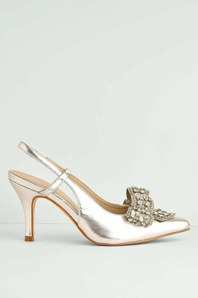 Celia Diamante Bow Pointed Toe Slingback Court Shoes in Silver - Image 6