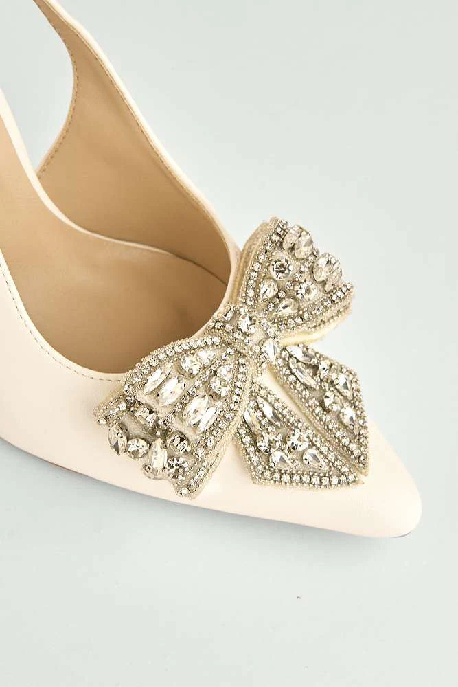 Celia Diamante Bow Pointed Toe Slingback Court Shoes in White - Image 5