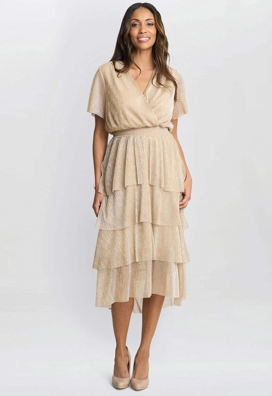 Gina Bacconi Gold Cheri Metallic Knit Tiered Dress - Image 2