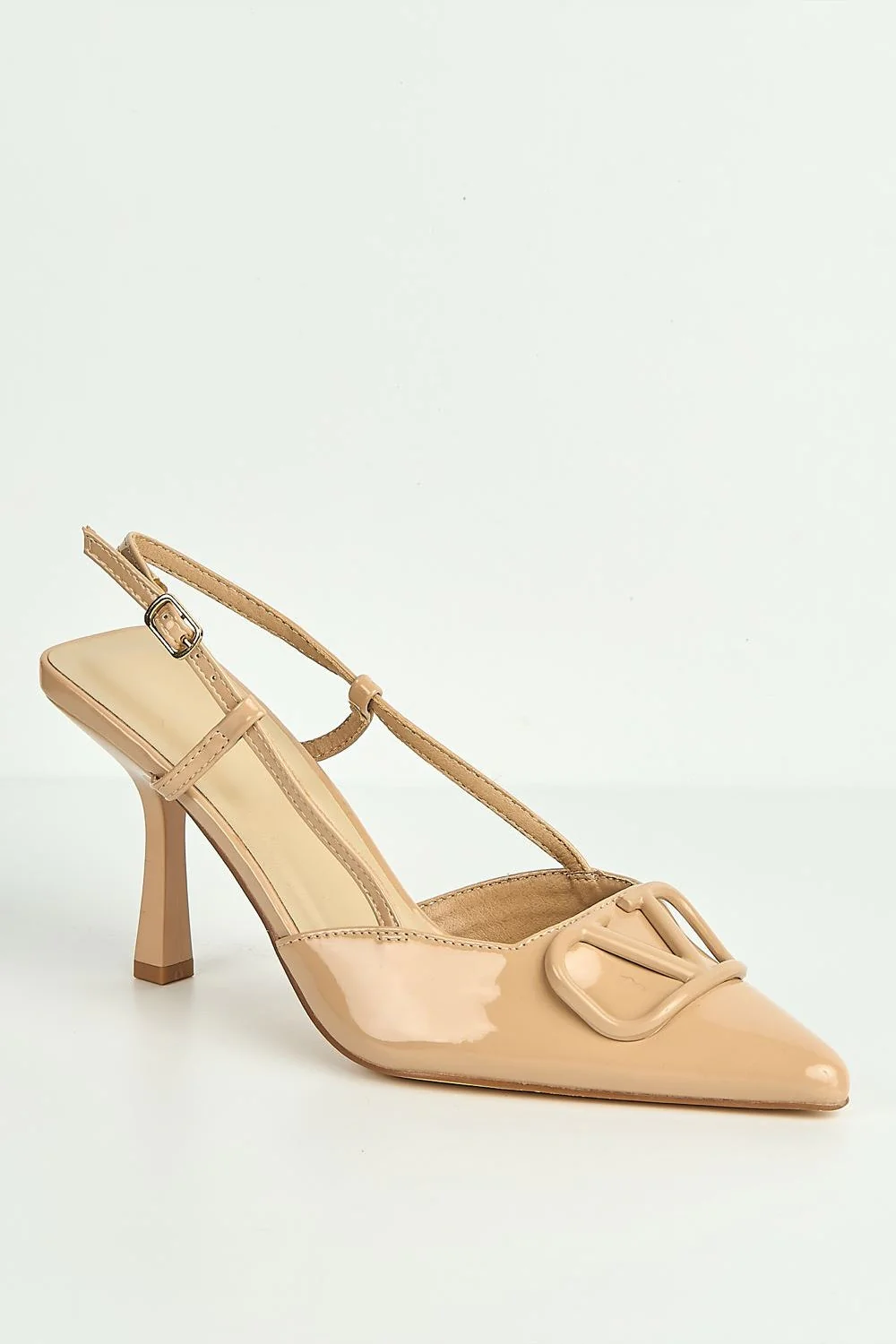 Cia Brooch Detail Slingback Court Shoes in Nude - Image 4