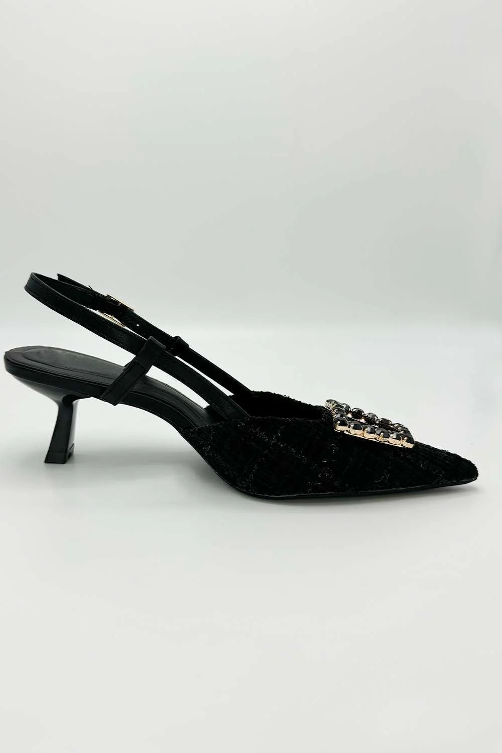 Miss Diva Black Clarrine Diamante Brooch Detail Pointed Toe Court Shoes - Image 2