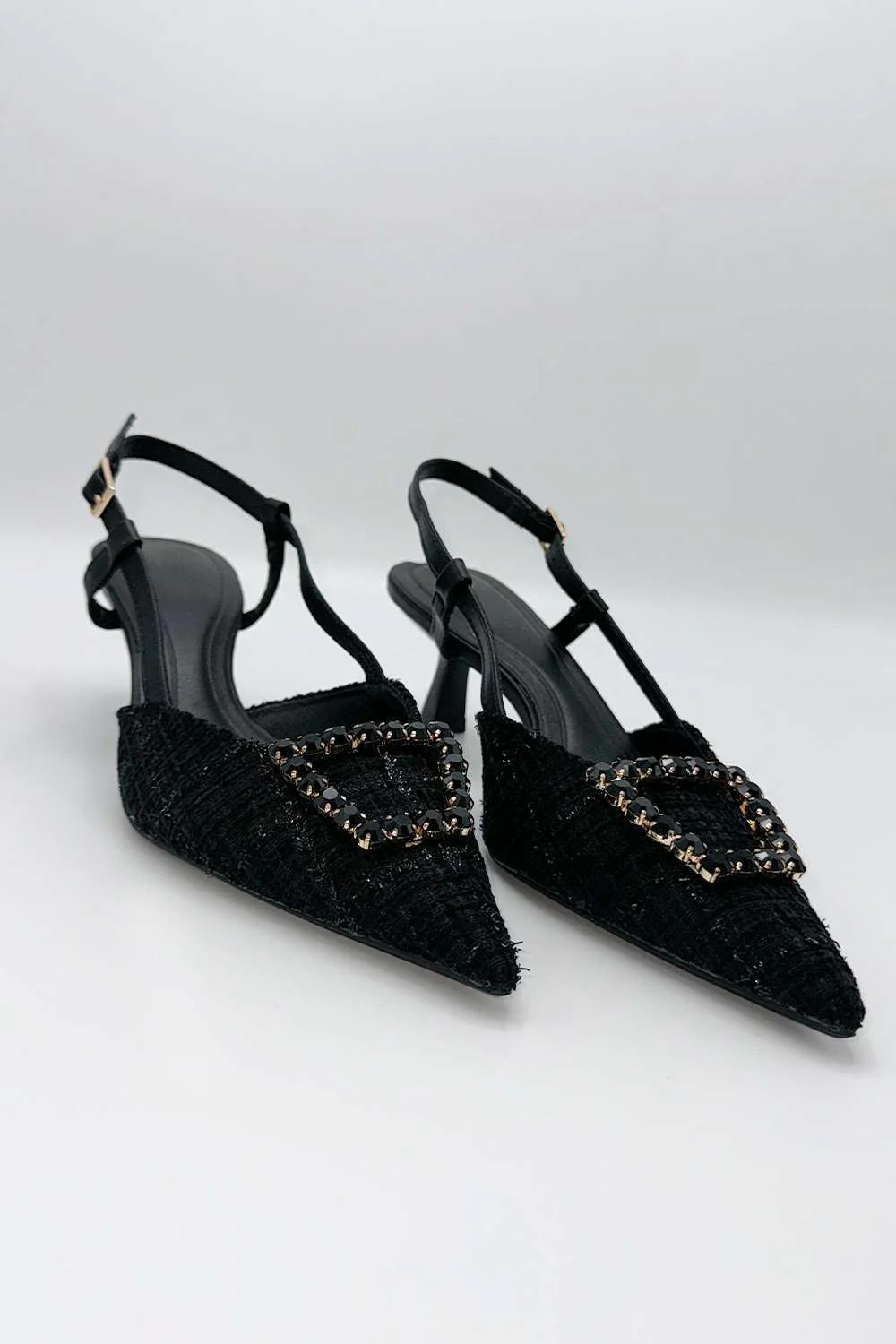 Miss Diva Black Clarrine Diamante Brooch Detail Pointed Toe Court Shoes - Image 3