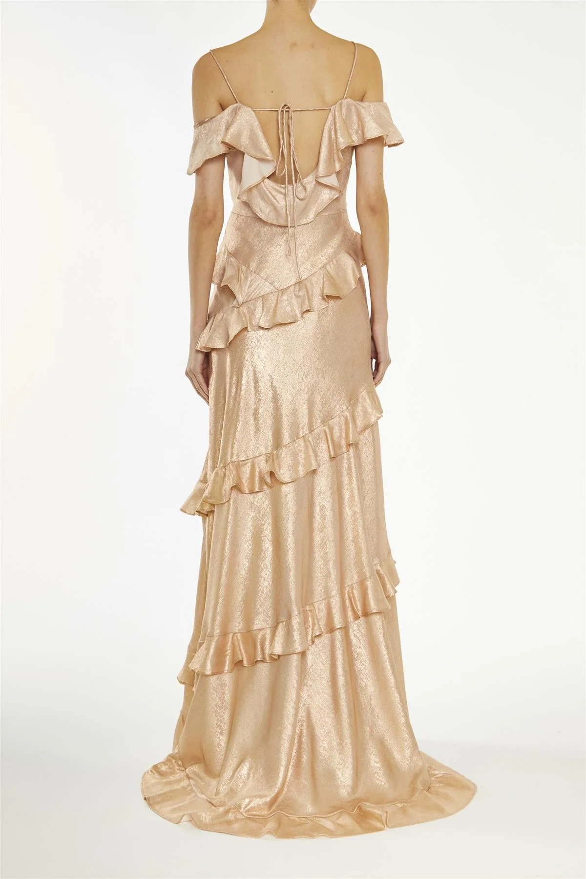 True Decadence Metallic-Copper Drew Cold-Shoulder Ruffle Maxi-Dress - Image 2
