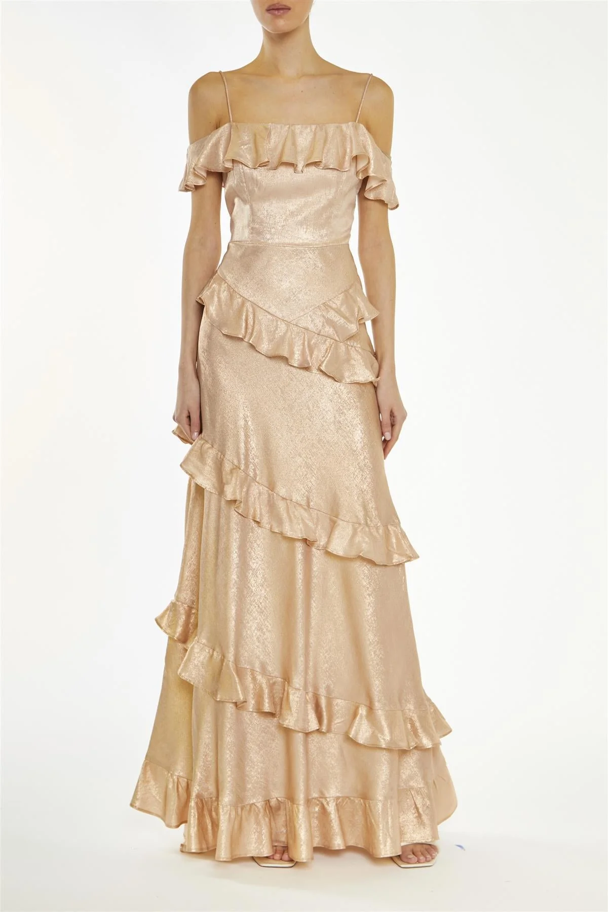 True Decadence Metallic-Copper Drew Cold-Shoulder Ruffle Maxi-Dress - Image 3