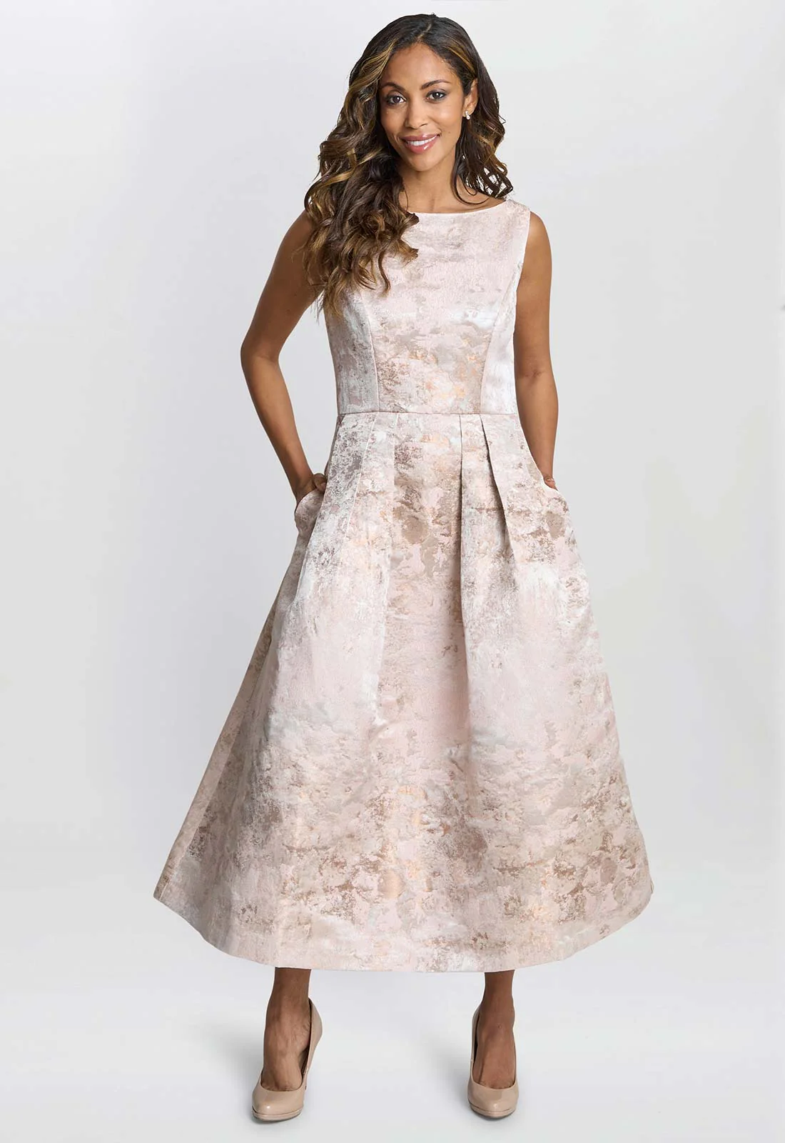 Gina Bacconi Almond Ann-Marie Metallic Jacquard Midi Dress - Image 2