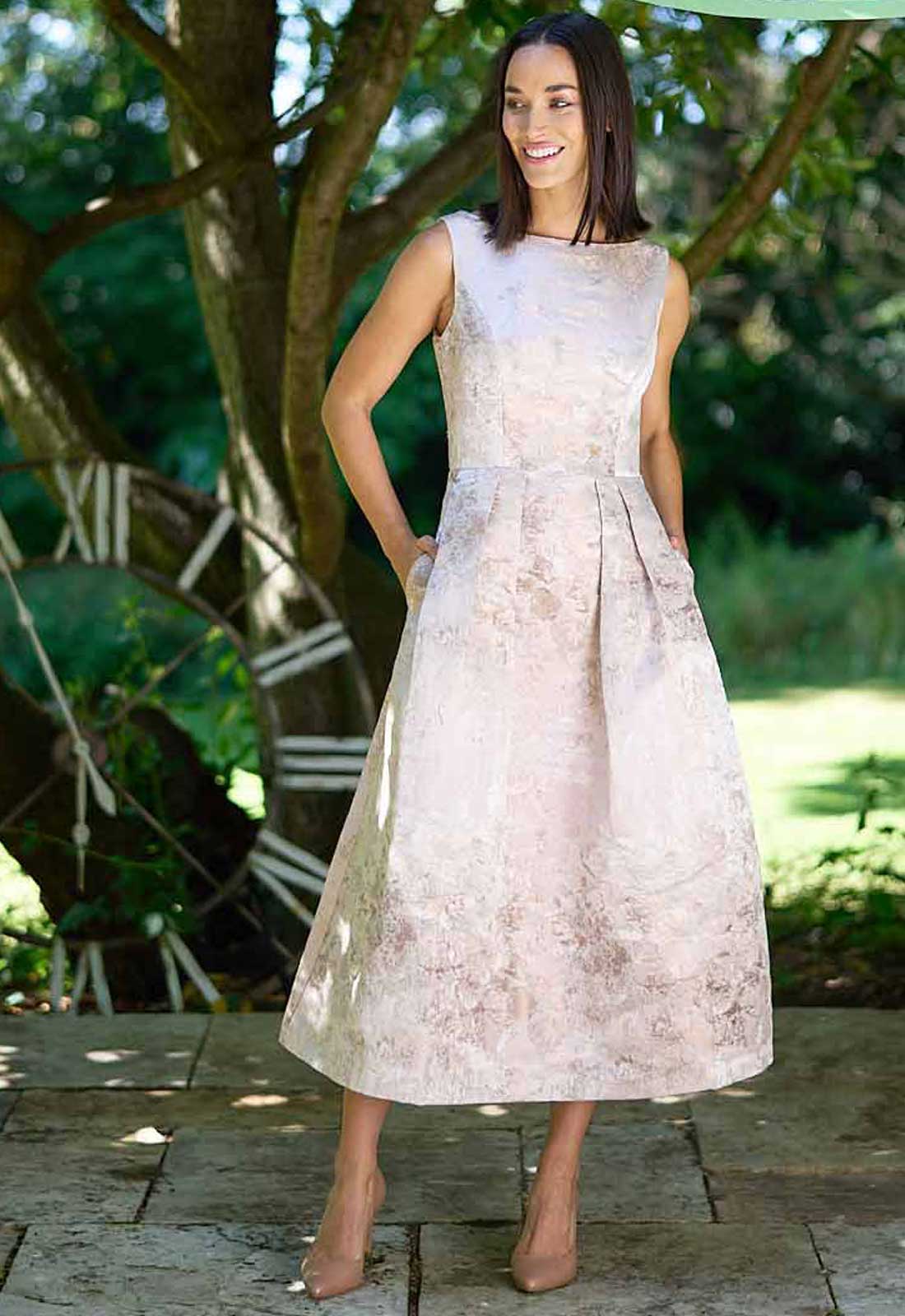 Gina Bacconi Almond Ann-Marie Metallic Jacquard Midi Dress - Image 3