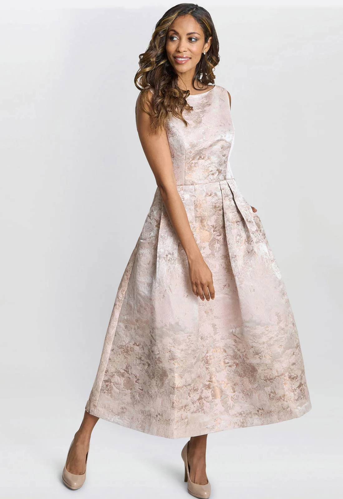 Gina Bacconi Almond Ann-Marie Metallic Jacquard Midi Dress - Image 4