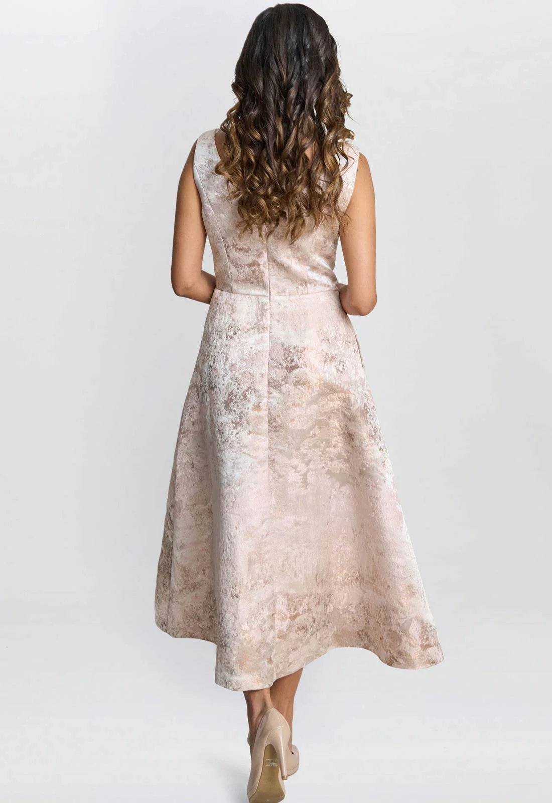 Gina Bacconi Almond Ann-Marie Metallic Jacquard Midi Dress - Image 6