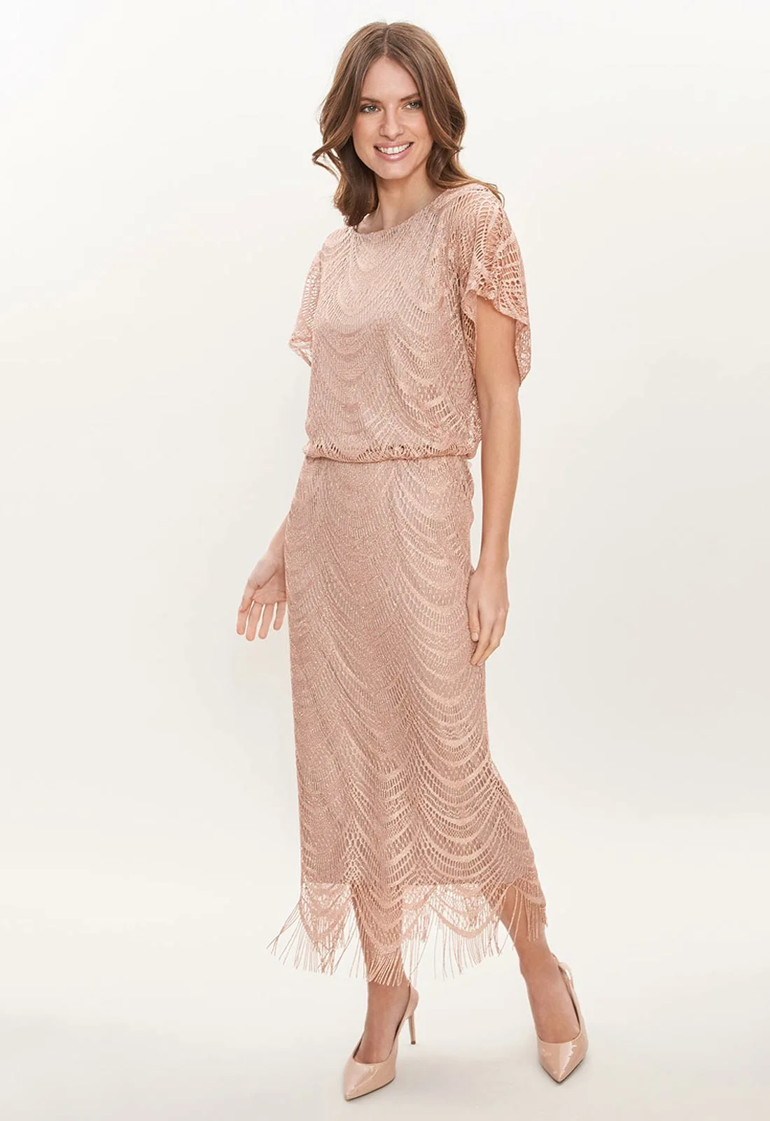 Gina Bacconi Arleen Long Blouson Fringe Hem Dress