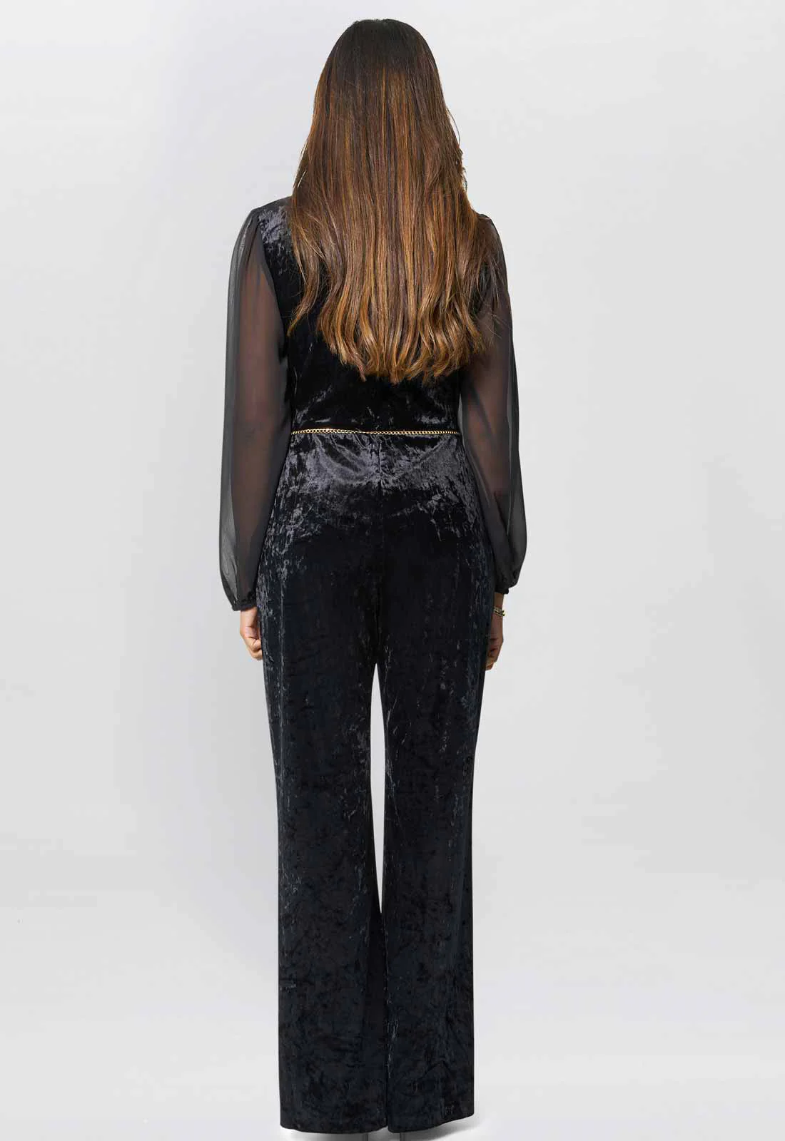 Gina Bacconi Black Alaska Velvet Jumpsuit With Sheer Sleeves - Image 3