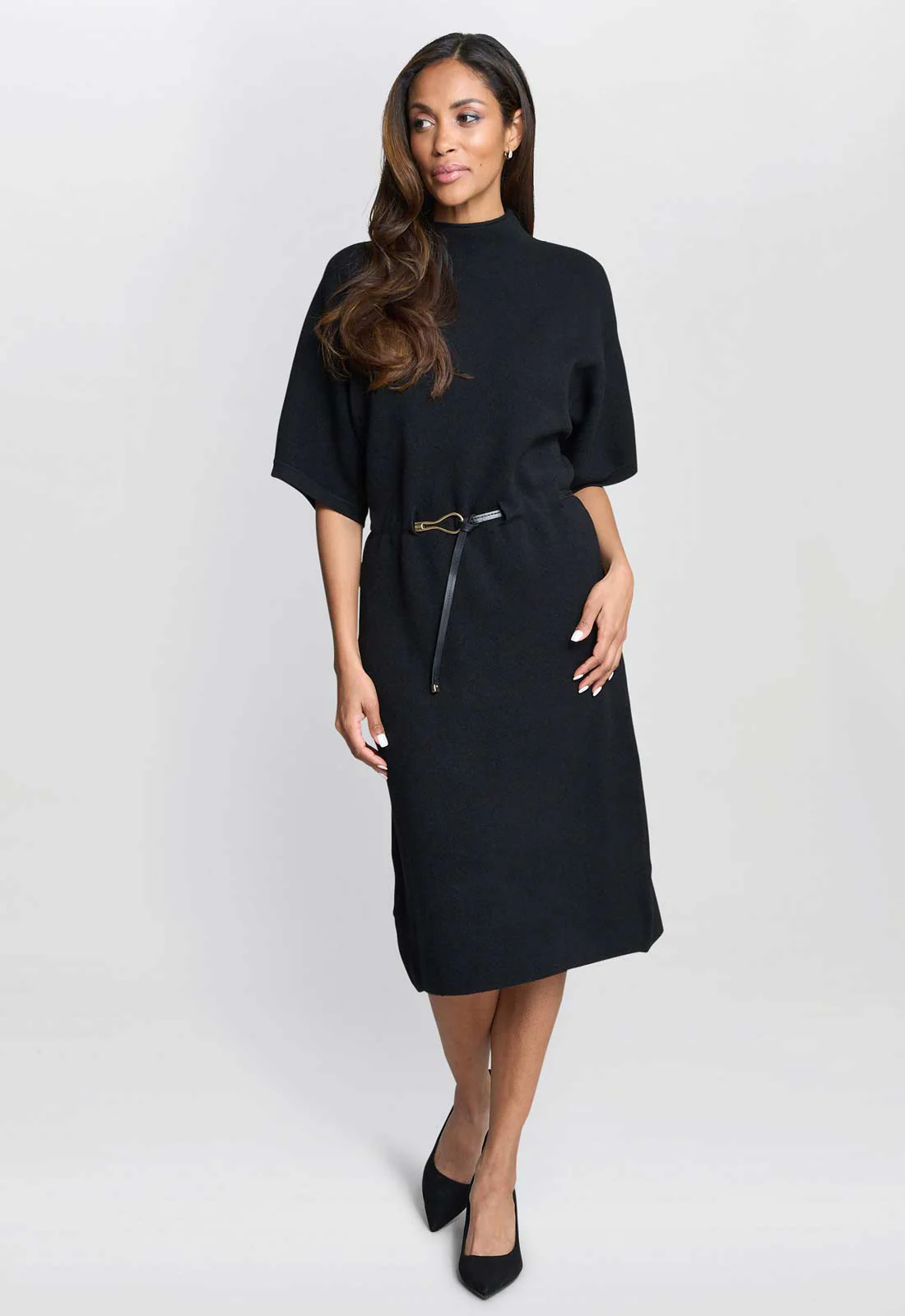 Gina Bacconi Black Alaura Belted Knit Midi Dress - Image 3