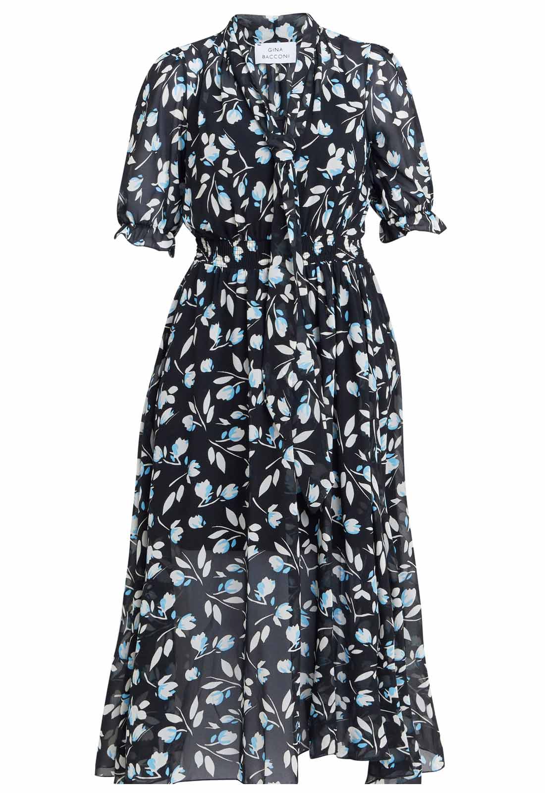 Gina Bacconi Black and Multi Mimi Godet Pussy Bow Dress - Image 5