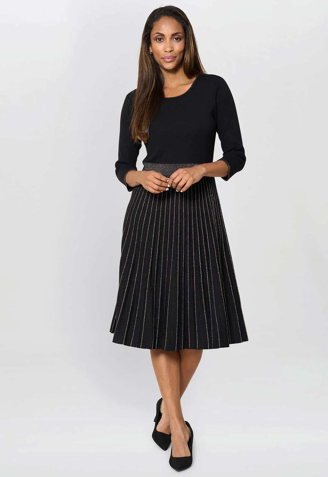 Gina Bacconi Black Apple Pleated Midi Dress - Image 3