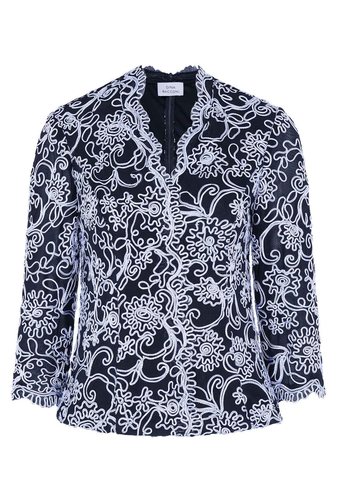 Gina Bacconi Black / Blue Lanette Embroidered Blouse With Scallops - Image 3