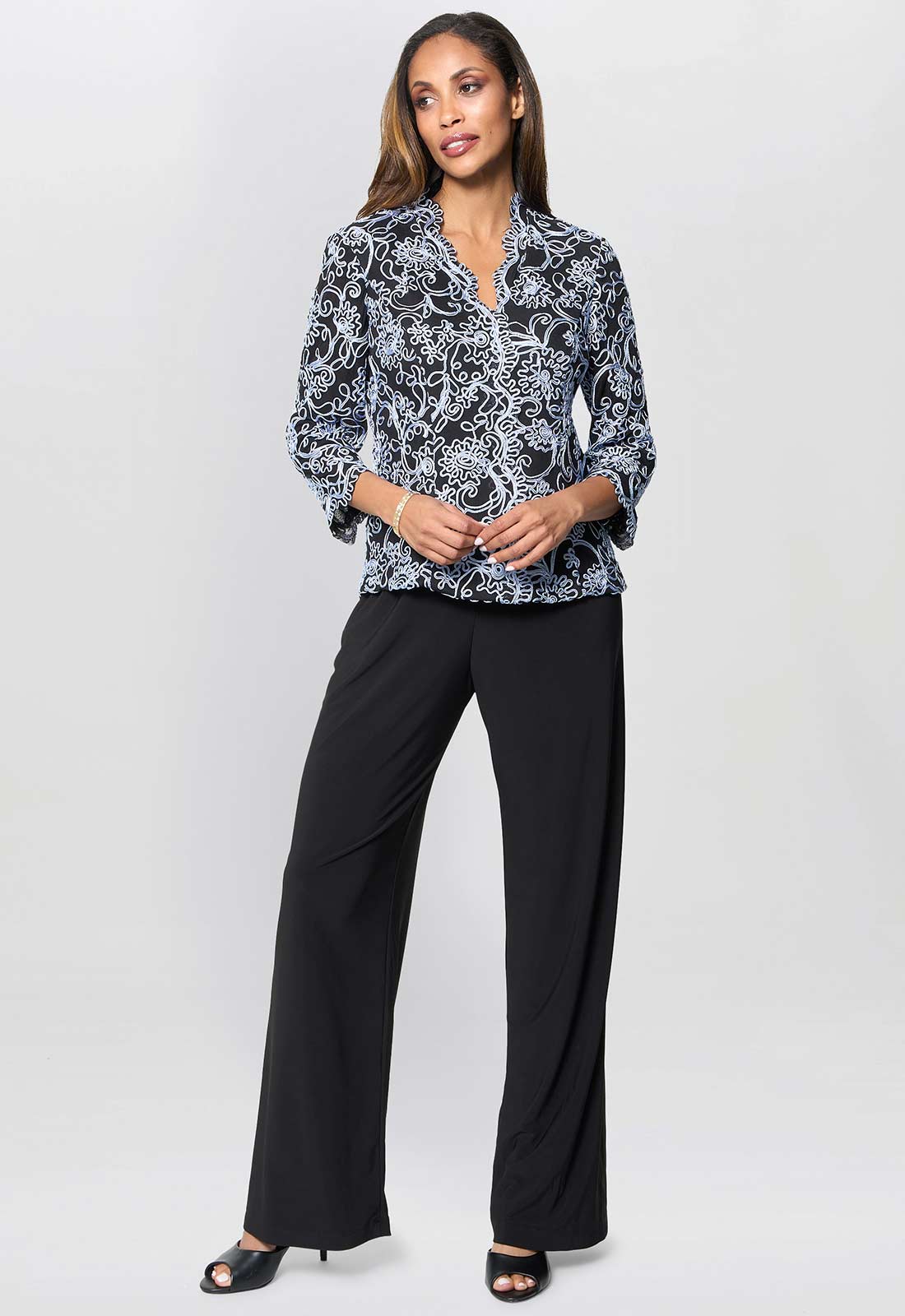 Gina Bacconi Black / Blue Lanette Embroidered Blouse With Scallops - Image 5