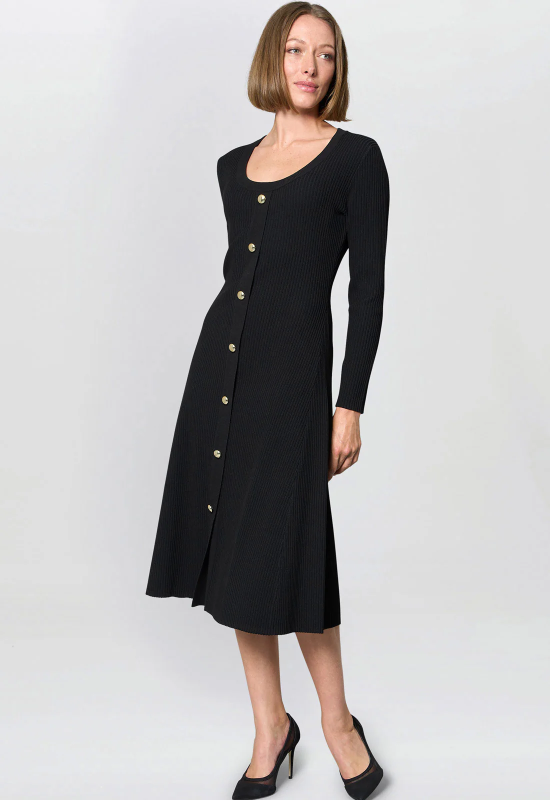Gina Bacconi Black Cher Button Front Knit Midi Dress - Image 7