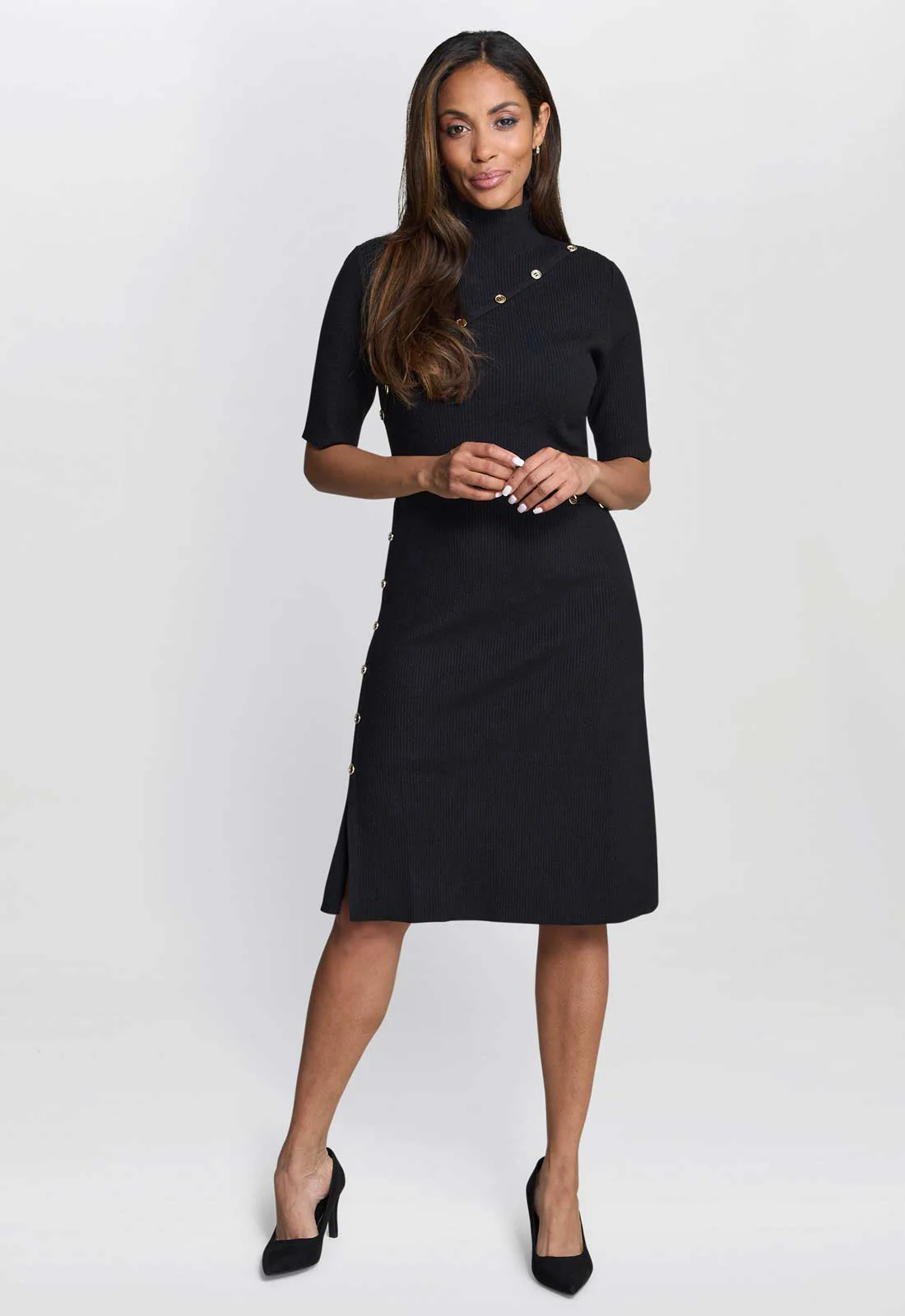 Gina Bacconi Black / Gold Vickie Button Detail Knit Dress - Image 2