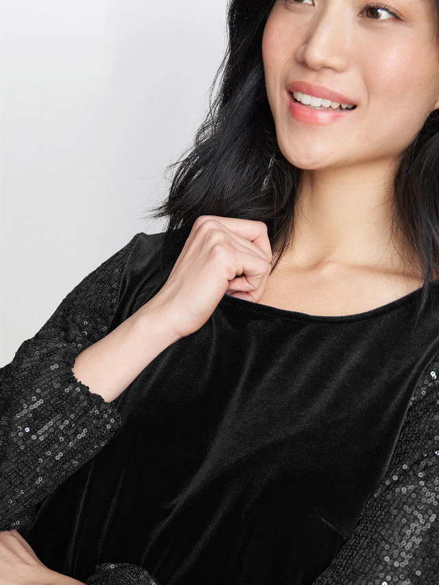 Gina Bacconi Black Ines Velvet Blouse With Sequin Bubble Sleeves - Image 3