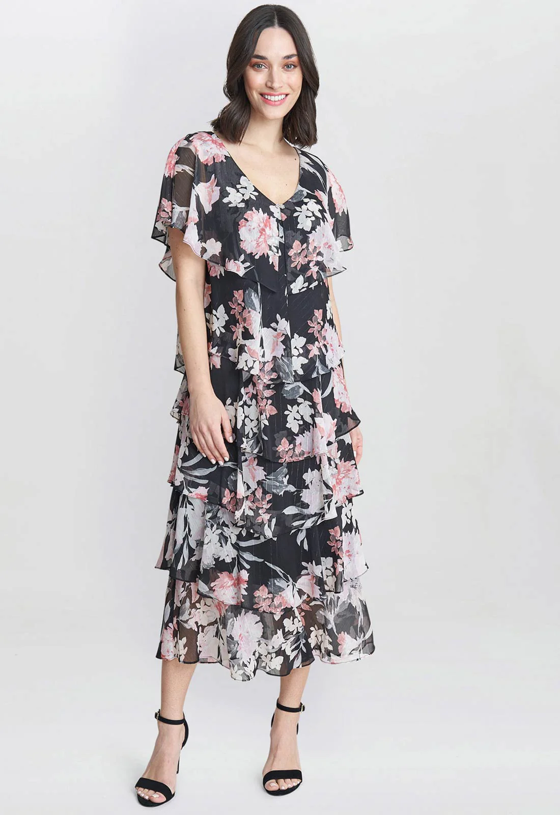Gina Bacconi Black Janice V Neck Printed Midi Length Tiered Dress - Image 2