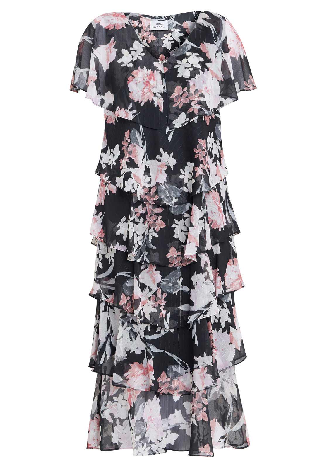 Gina Bacconi Black Janice V Neck Printed Midi Length Tiered Dress - Image 4