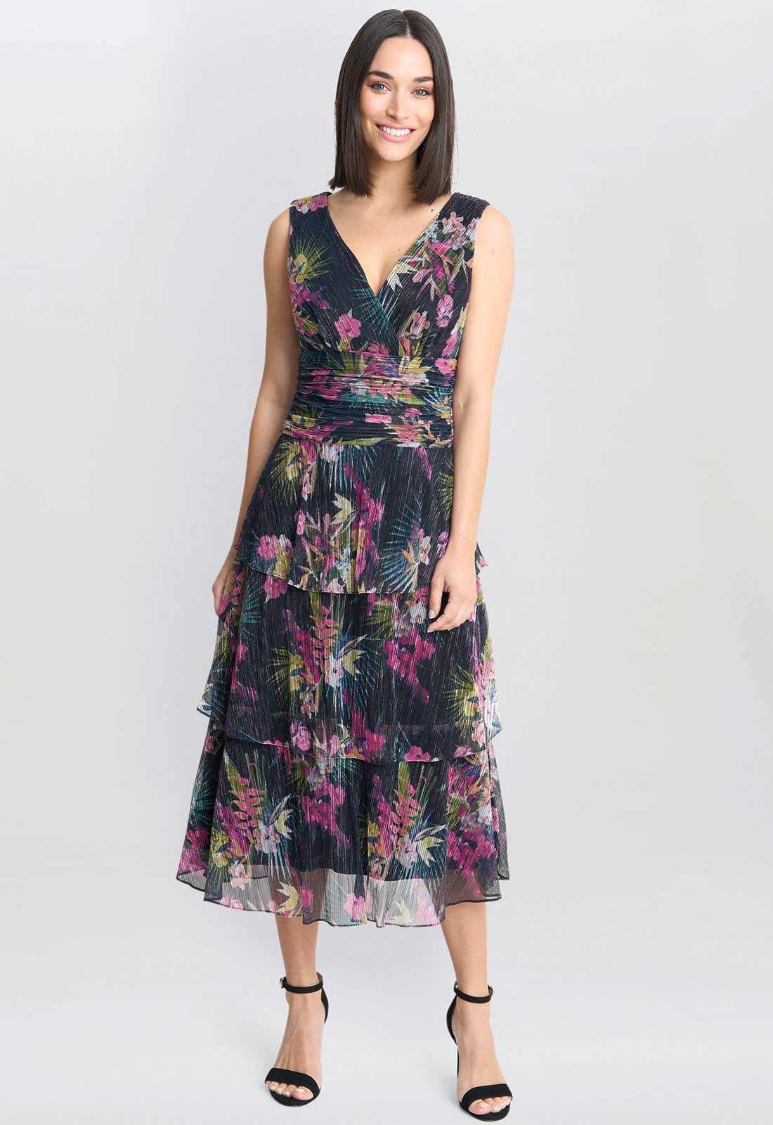 Gina Bacconi Black / Multi Nina Midi Sleeveless Printed Tiered Dress - Image 3