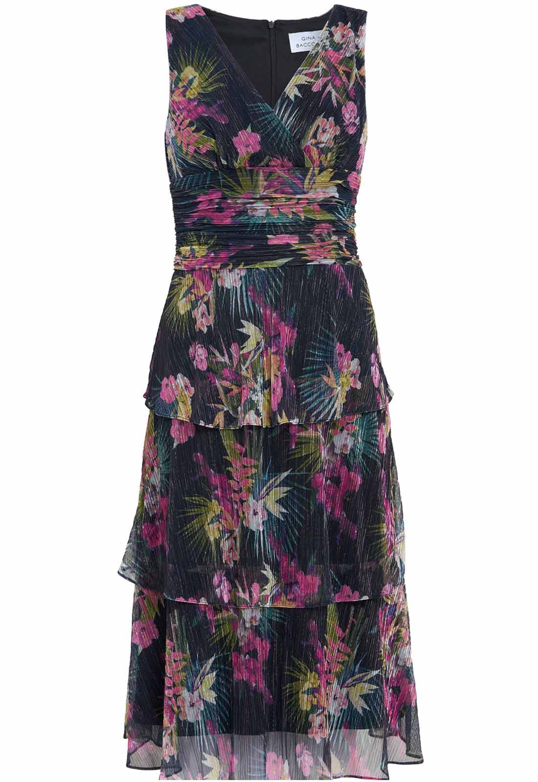 Gina Bacconi Black / Multi Nina Midi Sleeveless Printed Tiered Dress - Image 4