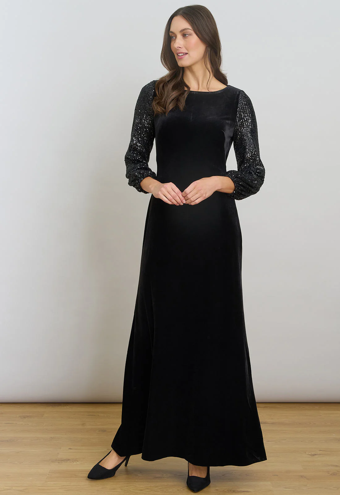 Gina Bacconi Black Pauline Velvet Maxi Dress With Sequin Sleeves - Image 4