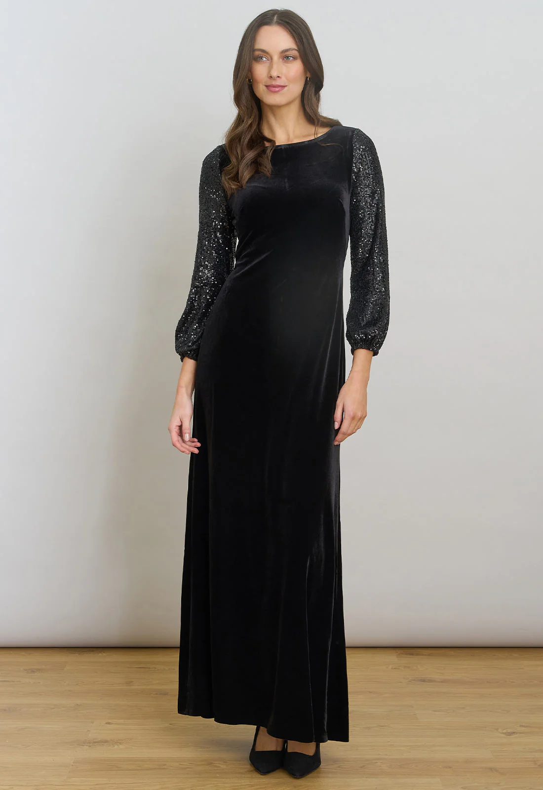 Gina Bacconi Black Pauline Velvet Maxi Dress With Sequin Sleeves - Image 6