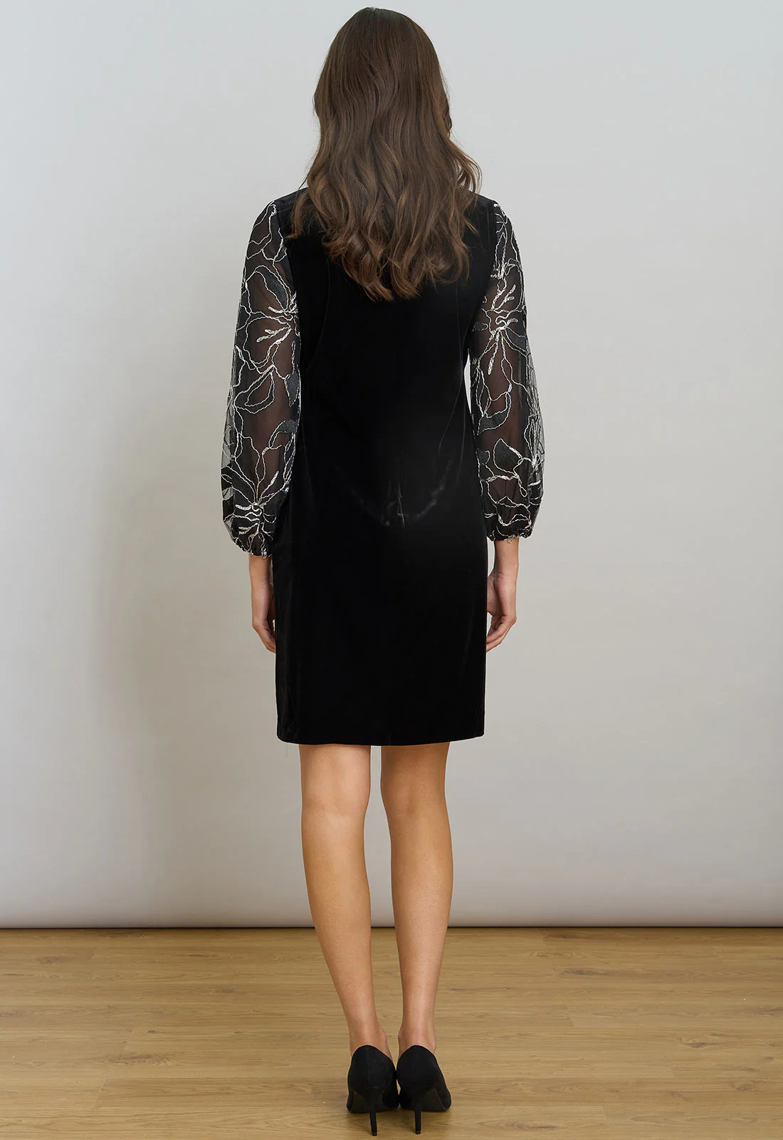 Gina Bacconi Black / Silver Sky Velvet Dress With Sheer Embroidered Sleeves - Image 3