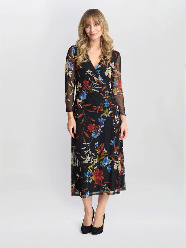 Gina Bacconi Black Tasmine Floarl Mesh Wrap Dress - Image 2