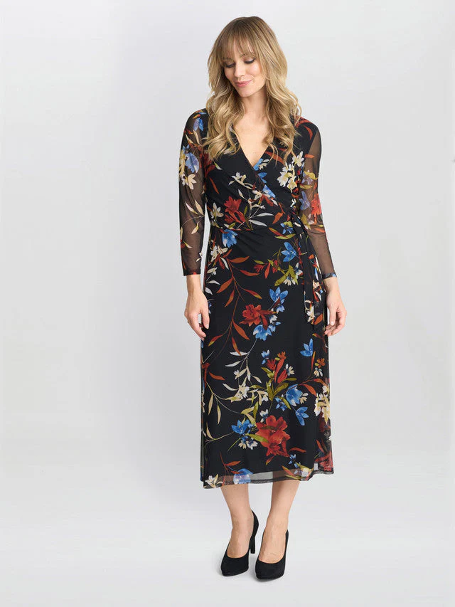 Gina Bacconi Black Tasmine Floarl Mesh Wrap Dress - Image 4