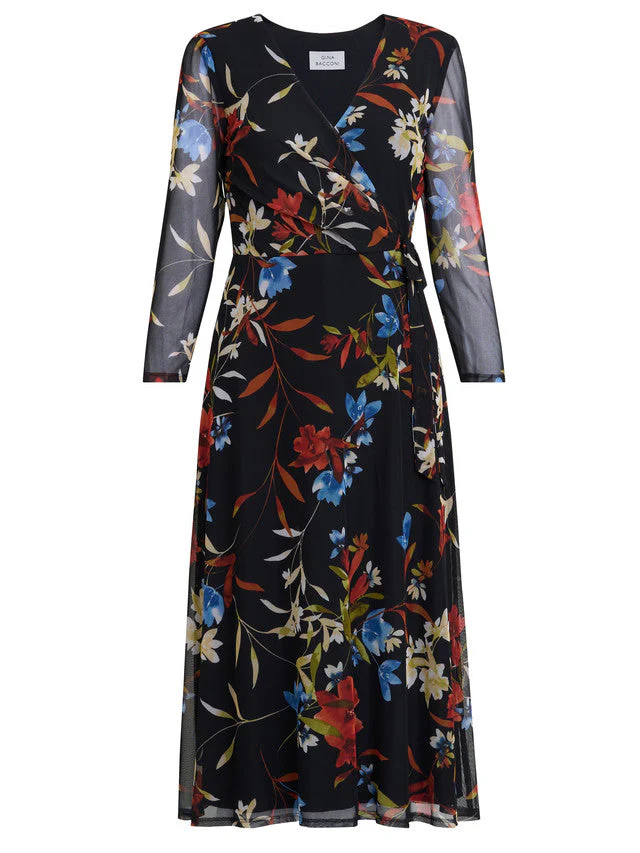 Gina Bacconi Black Tasmine Floarl Mesh Wrap Dress - Image 5