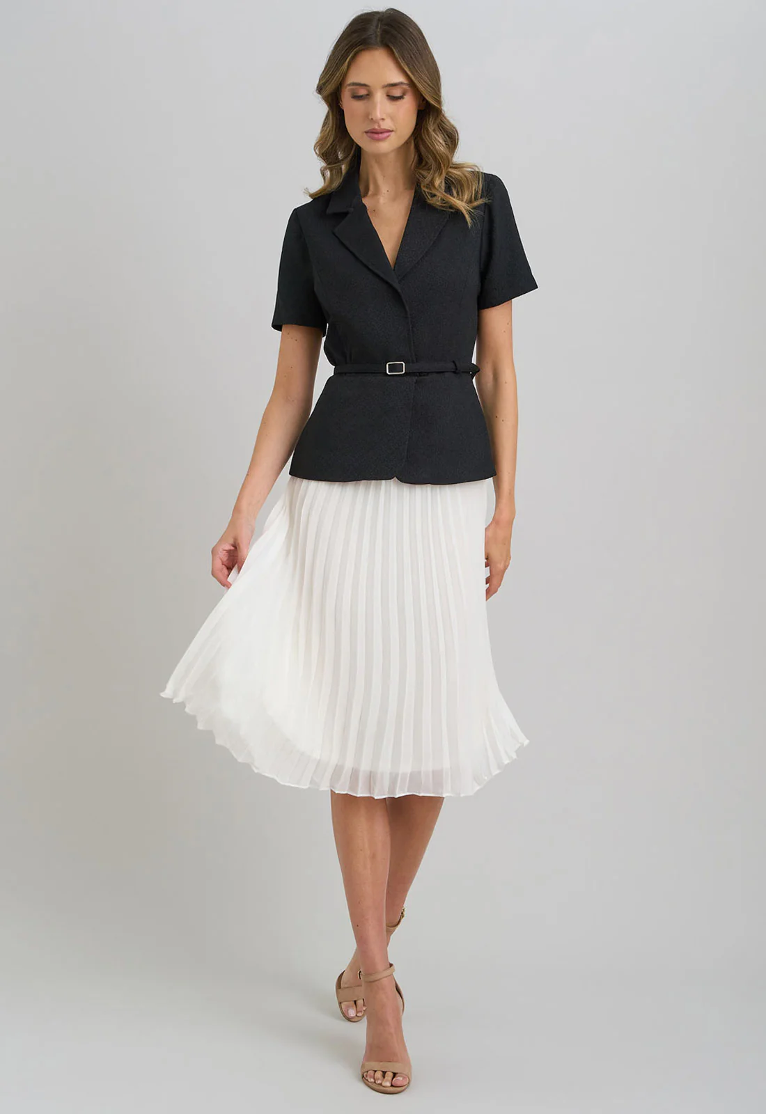 Gina Bacconi Black and White Shelley Belted Pleated Midi Dress - Image 6